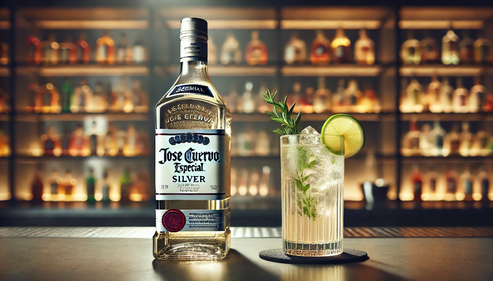 Пляшка текіли Jose Cuervo Especial Silver поруч з коктейлем у високому келиху.